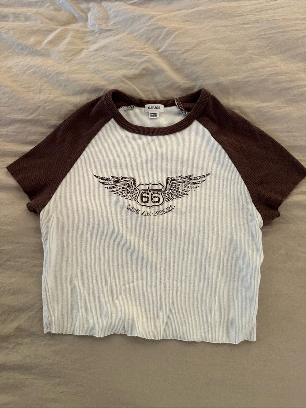 Garage Cream Tee with Brown Raglan Sleeves and Route 66 Graphic